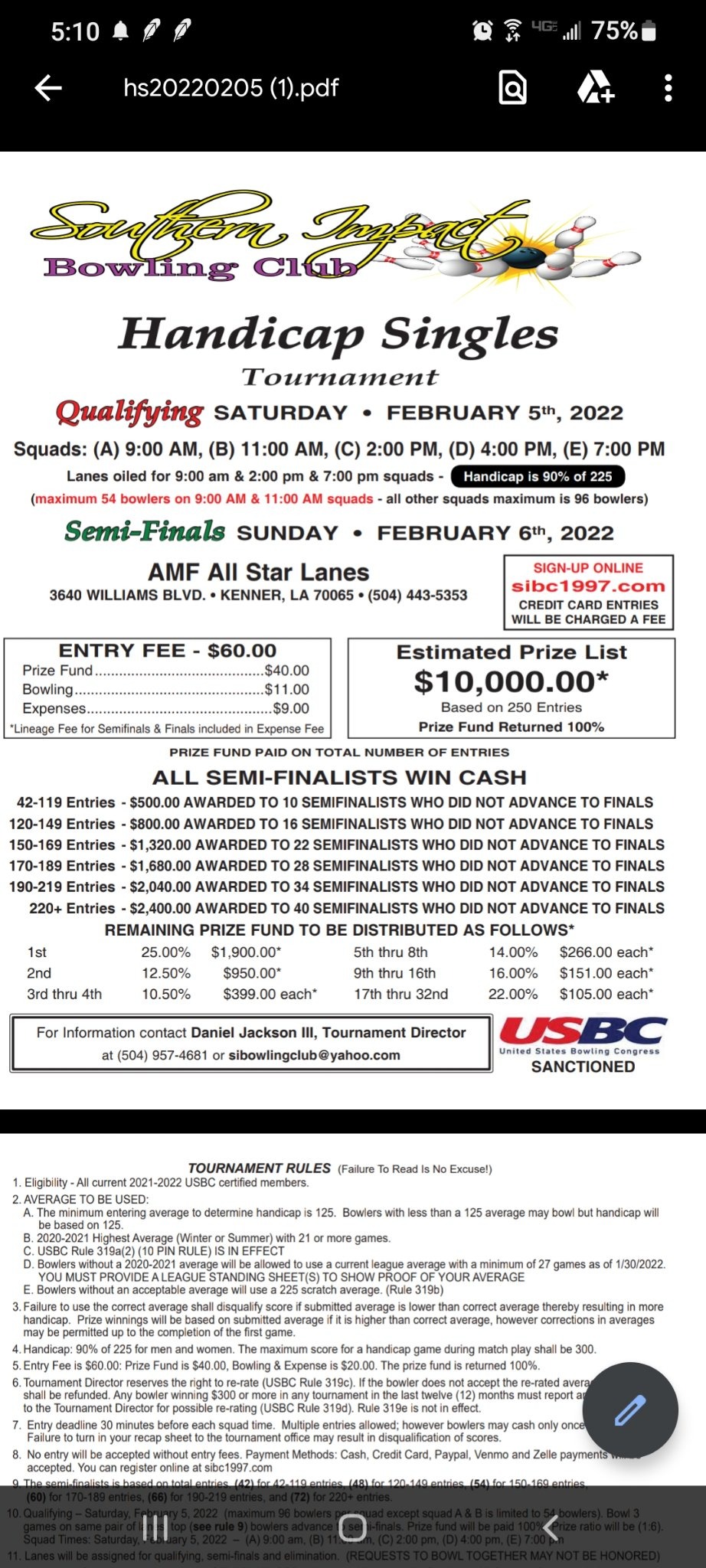 Southern Impact Handicap Singles Bowling Tournament Southern TNBA