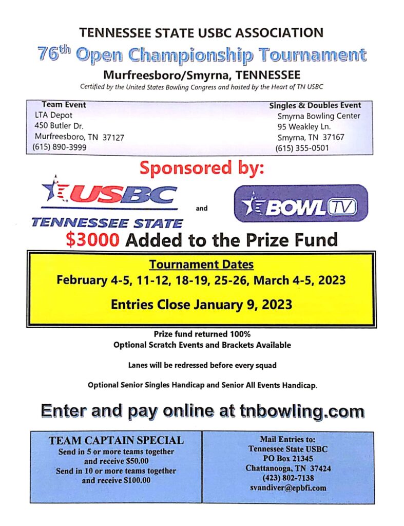 76th Tennessee State Open Championship Bowling Tournament Southern