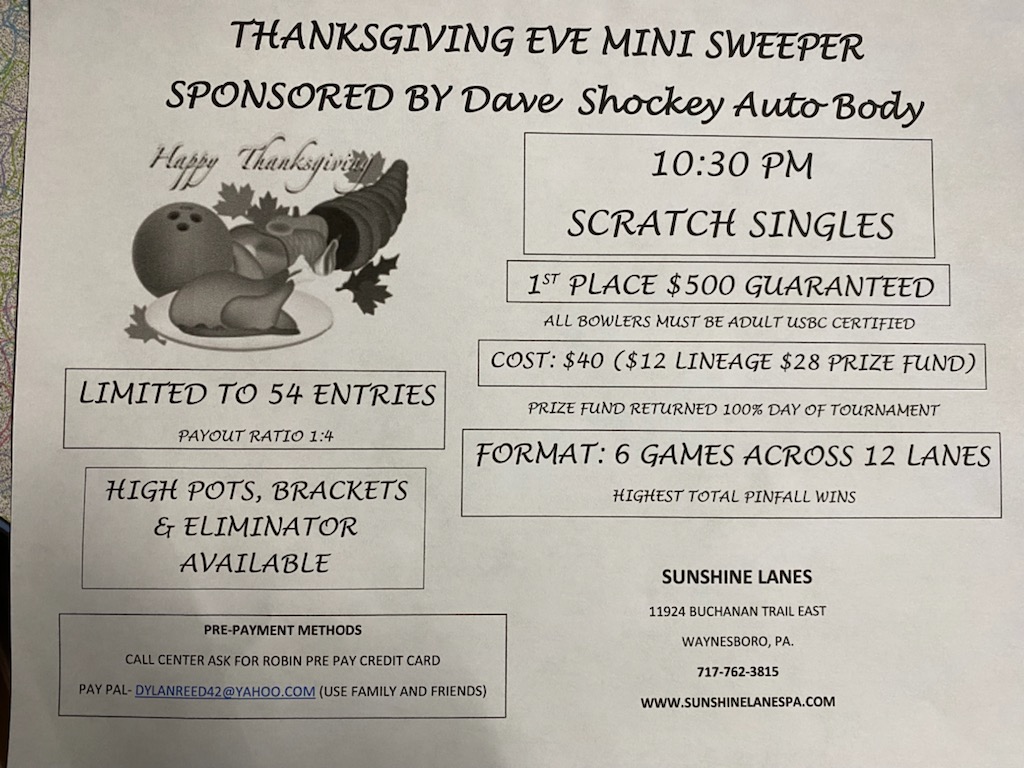 Thanksgiving Eve Mini Sweeper Bowling Tournament Southern TNBA & USBC