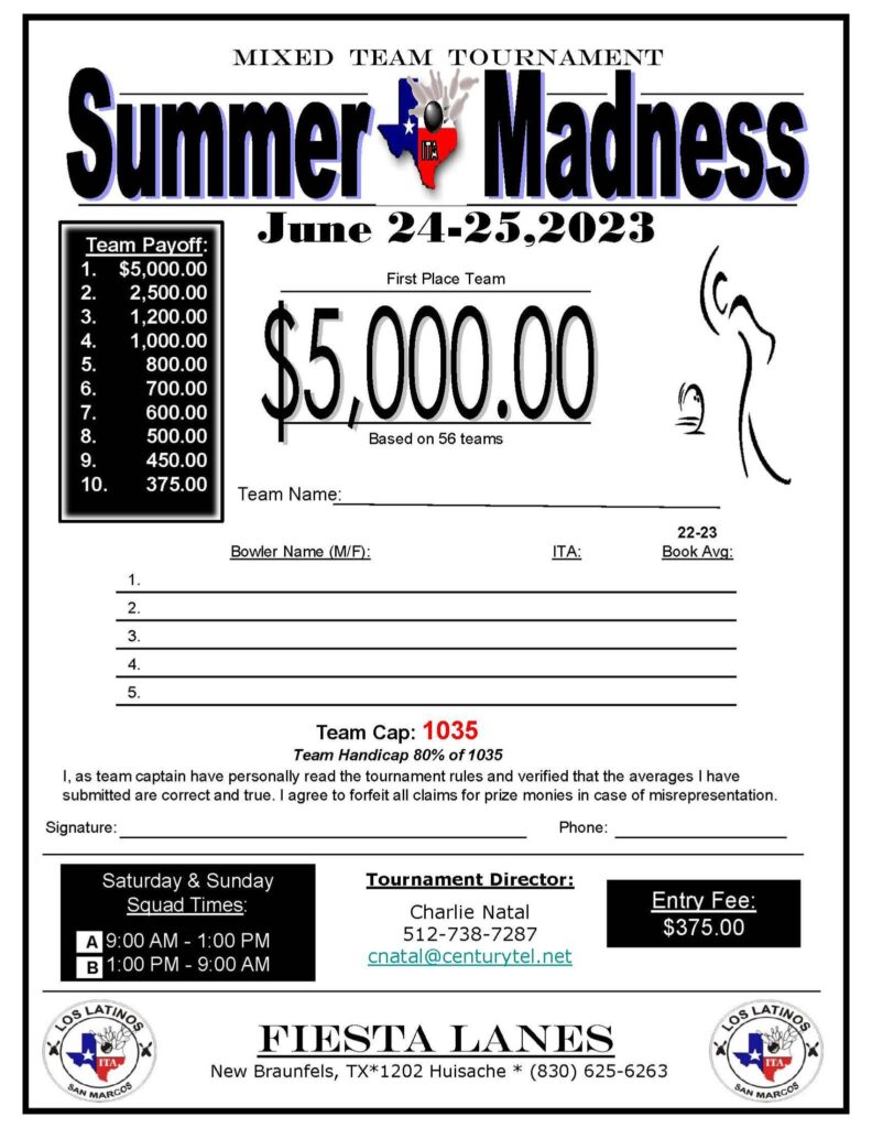 Summer Madness Mixed Team Bowling Tournament