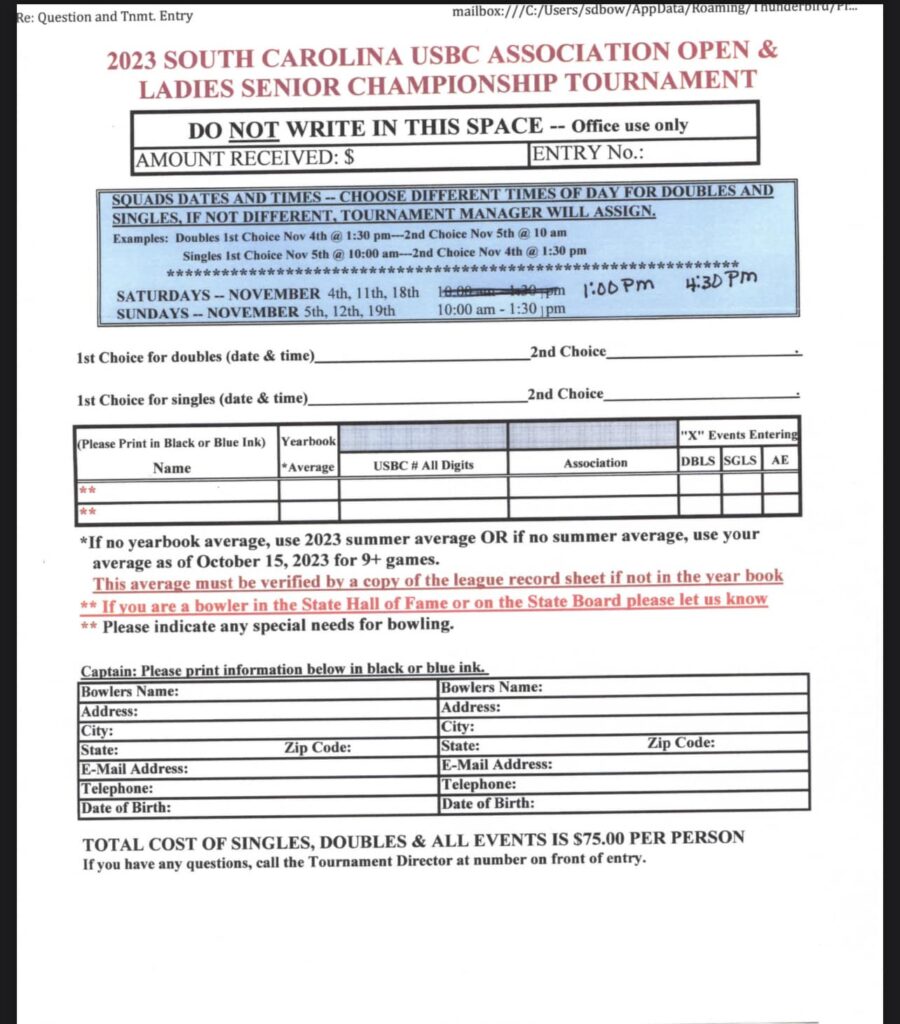 2023 SC USBC Annual Senior Open and Ladies Handicap Championship Bowling Tournament
